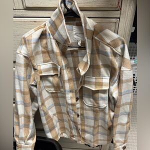 Avec Les Filles Tan and White Checkered Shirt Jacket